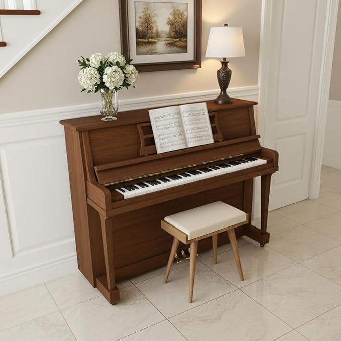 Walnut Ottoman Stool for Living Room | Upholstered in Cream Pattern Fabric | Versatile as a Piano Bench | Ideal Bedroom Bench | Functional Footstool Bench