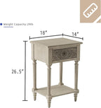 HOMPUS End Table Set of 2 with Drawer and Shelf, Vintage Nightstand Set 2 w Pattern Drawer, White Bedside Table, Accent Nightstand Organizer for Living Room, Bedroom, Easy to Assemble, Distress White