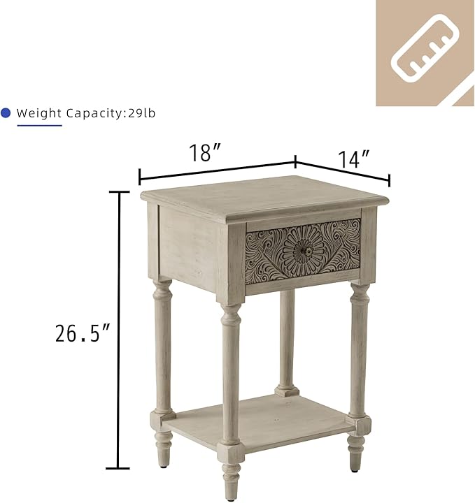 HOMPUS End Table Set of 2 with Drawer and Shelf, Vintage Nightstand Set 2 w Pattern Drawer, White Bedside Table, Accent Nightstand Organizer for Living Room, Bedroom, Easy to Assemble, Distress White