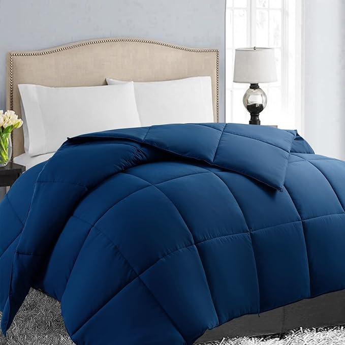 EASELAND Oversized King Down Alternative Comforter - Quilted Duvet Insert for All Seasons, Soft Lightweight with Corner Tabs, Summer Winter Warm Bedding, Navy 98x116 Inches