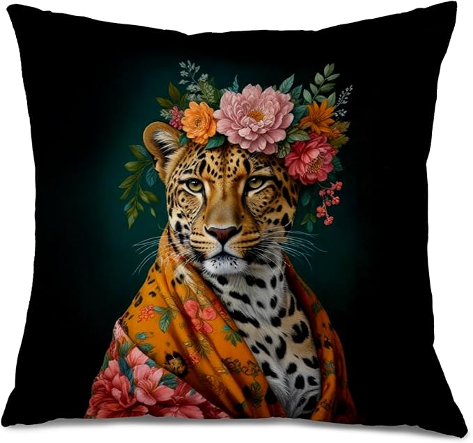 Trendy Maximalist Floral Leopard Eclectic Pillow Covers 18x18, Cheetah Print Room Decor, Eclectic Home Decor, Funky Colourful Floral Leopard Decorative Throw Pillow Covers for Home Room