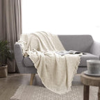 Simple&Opulence 100% Cotton Throw Blanket for Bed, Couch, Boho Luxury Geometric Knit Woven Blanket with Tassels Soft Lightweight Cozy Breathable, Vintage Farmhouse Decoration for All-Season(White)