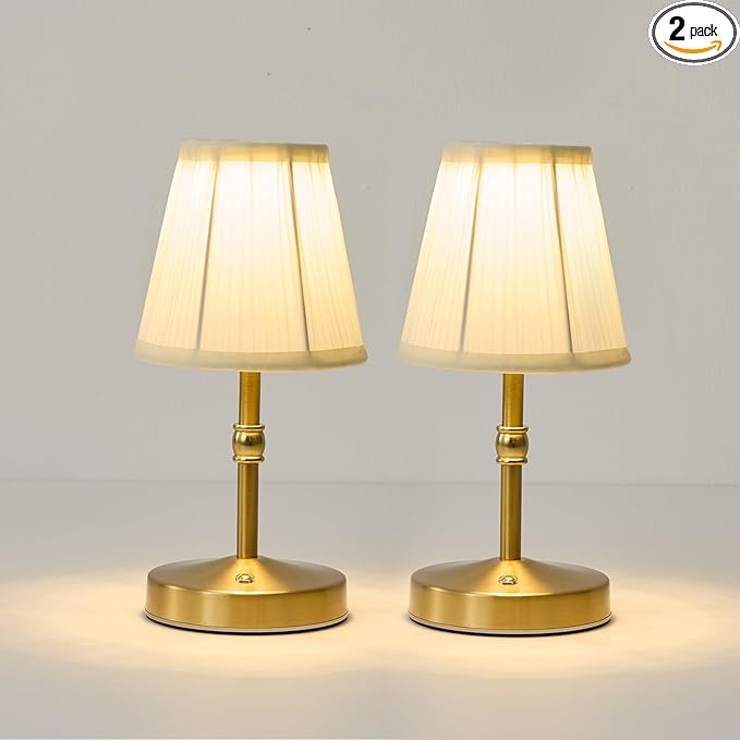 Cordless Mini Lamps Gold,3000 mah Battery Operated Lamp,3 Color Temperature Dimmable Table Lamp,Small Rechargeable Table Lamp Fabric,Aesthetic Small Kitchen Lamp for Counter,Dinner (Gold,2 Pack)