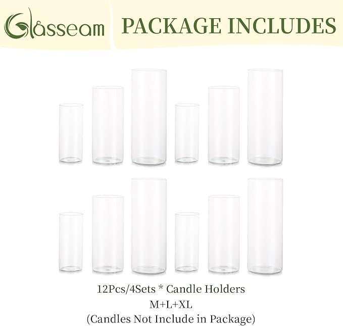 Glasseam Glass Cylinder Candle Holder: Set of 12 Hurricane Candle Holders for Pillar Candles Glass Candle Holder Hurricane Vase Clear Vases for Centerpieces Floating Candle Vases for Flowers Decor