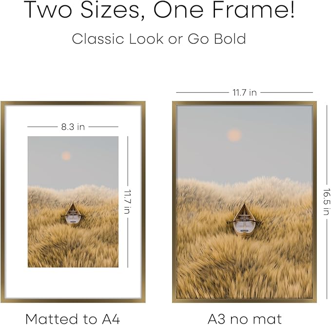 Homeforia A3 Picture Frame Bronze, High End Metal 11.7 x 16.5 inch Brass Poster Frames with Mat 8.3 by 11.7 Print, A3 Size Frames Matted to A4 Photo, 11.7by16.5 Hanging Frame, Tempered Glass, Set of 1
