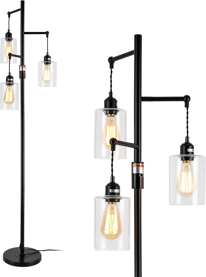 Airposta Industrial Floor Lamp with On/Off Dimmable Switch, 3-Head Rustic Tree Standing Lamp, Edison Bulb 40W Retro Tall Glass Floor Light for Living Room, Reading, Office, Bedroom, Black