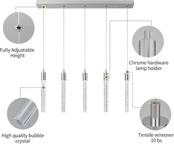 Kitchen Island Lighting Modern Light Fixture Chrome Pendant Light Dimmable LED Chrome Finish Mini Crystal Pendant Lights for Dining Room Living Room（5-Light）