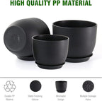 10/9/8 inch Medium Plant Pots, 3 Pack Modern Decorative Plastic Planters with Drainage Holes and Saucers, Flower Pots for Indoor Outdoor Plants, Black