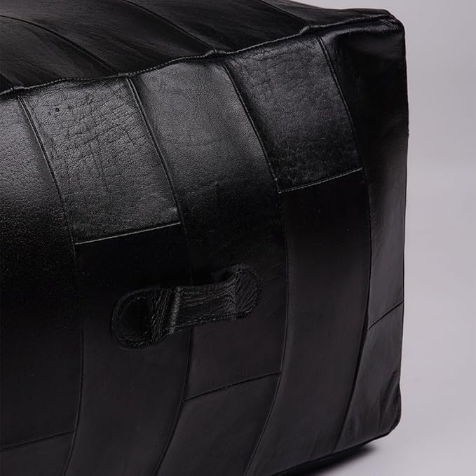 Square (Jumbo) Shaped Buffalo Leather Handmade Eco-Friendly Black Pouf - Square Pouf, 26"x26"x14", Geometric Pouf, Buffalo Leather Pouf, Recycled Cotton Filled Stuffed Pouf, Seating Pouf PF25