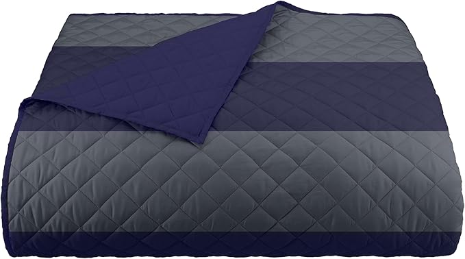Martex Reversible Coverlet – Full Queen Size Quilt - Lightweight Quilt Full Size– Durable Queen Size Quilts for Bed – Soft - Easy Care Bedding – Rugby Stripe/Navy
