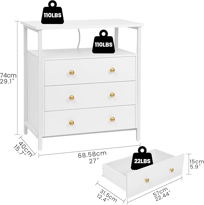3 Wooden Drawers Night Stand, 27 Inch Wide Nightstand with Charging Station and Adjustable Drawers, Small Dresser for Closet, Bedside Table for Living Room/Bedroom/Office, White.
