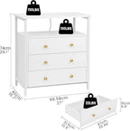 3 Wooden Drawers Night Stand, 27 Inch Wide Nightstand with Charging Station and Adjustable Drawers, Small Dresser for Closet, Bedside Table for Living Room/Bedroom/Office, White.