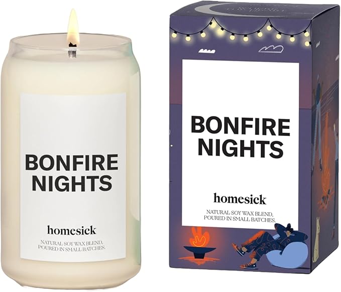 Homesick Bonfire Nights Scented Candle – 13 oz Soy Wax Candle with Organic Cotton Wick, 60–80 Hour Burn, Smoked Embers Vanilla Cedarwood Scent, Reusable Glass, Wedding & Engagement Gifts for Couples