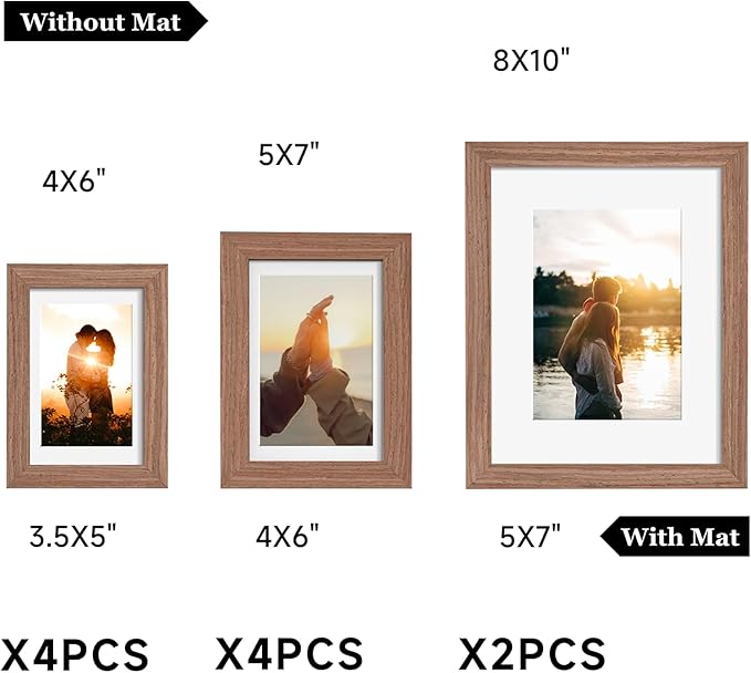 Picture Frame Set 10 Pack, Picture Frames Collage Wall Decor with Mat for Multiple Sizes Photos, Two 8x10, Four 5x7, Four 4x6, Photo Frames for Wall and Tabletop, Rusic Brown