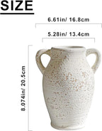 Sunddo Rustic Ceramic Flower Vase with 2 Handles, Textured Farmhouse Vase, White Modern Decorative Vases, Living Room, Shelf, Mantle, Entryway, Fireplace Decor