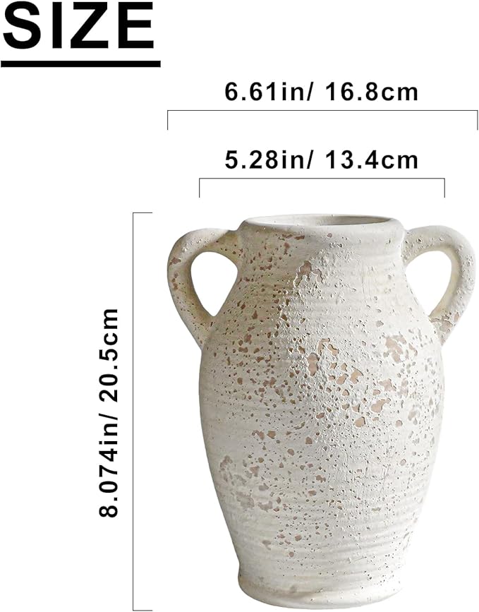 Sunddo Rustic Ceramic Flower Vase with 2 Handles, Textured Farmhouse Vase, White Modern Decorative Vases, Living Room, Shelf, Mantle, Entryway, Fireplace Decor