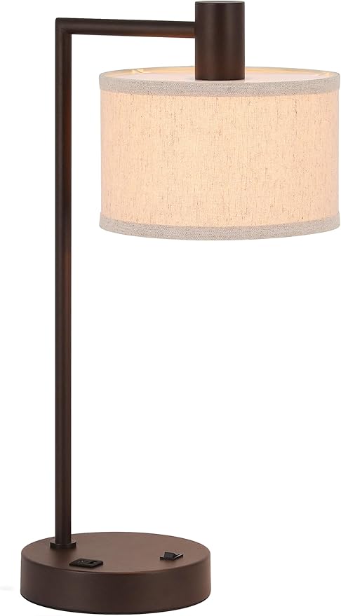 XiNBEi Lighting Table Lamp USB Desk Lamp with Fabric Shade, Modern Bedside Iron Lamp Dark Bronze Finish for Bedroom Living Room & Office XB-TL1230-DB