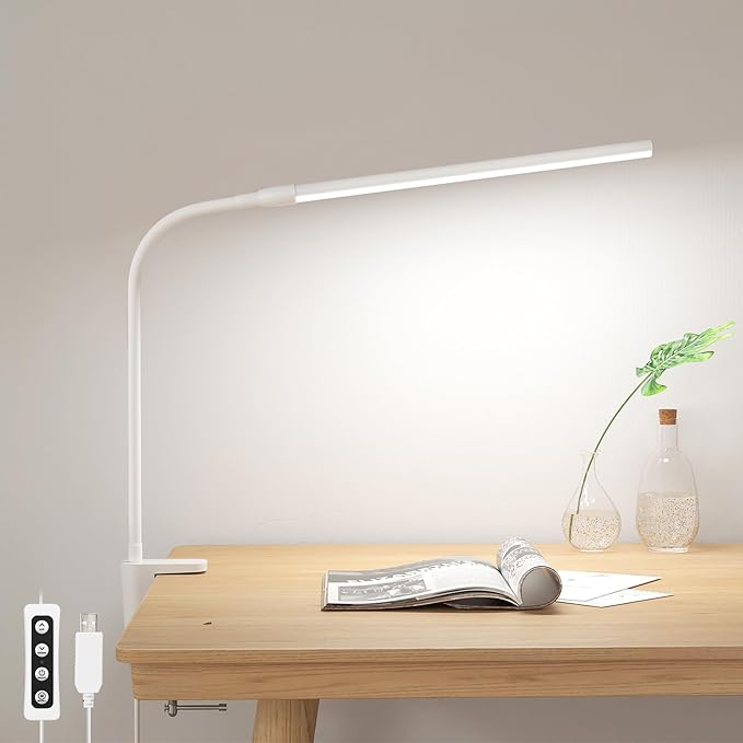 Lepro Small Desk Lamp with Clamp, LED Reading Lamps with 450LM, 3 Color Modes 10 Brightness, Dimmable USB Clip on Desk Light with Gooseneck Swing Arm for Nail, Home Office and Dorm (White)