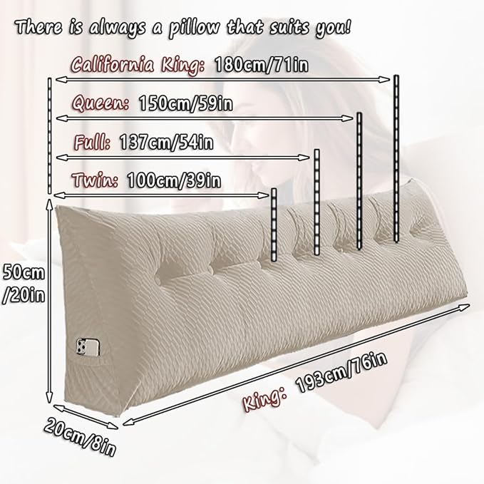 Gradient Velvet Triangular Wedge Pillow, Removable Cover Headboard Pillow for Daybed, Backrest Positioning Support Pillow Cushion Resting Reading Relaxing (Beige, Full(54 * 20 * 8in))