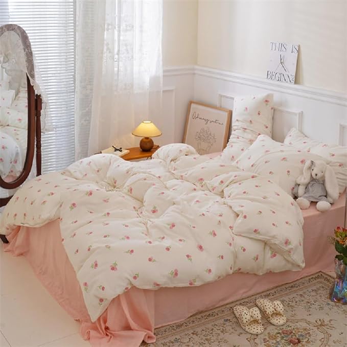 Floral Comforter Set Queen Size - 3 Pieces Pink White Floral Comforter Bedding Sets Tulips Pattern,Queen Bed in a Bag with Heart Comforter and 2 Pillowcases