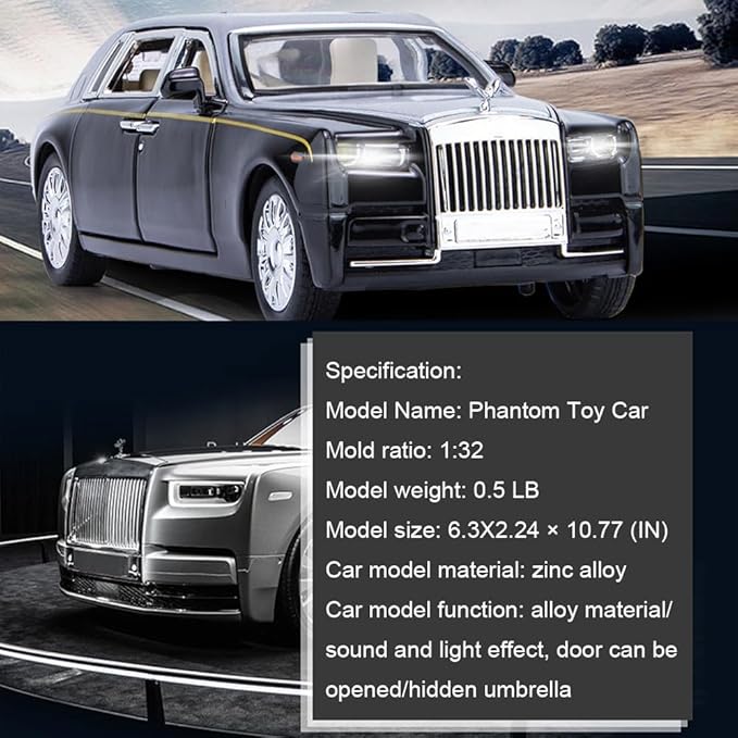 Alloy Collectible Rolls-Royce Phantom Model Toy Car, 1/32 Scale Diecast Car Model Pull Back Vehicles Phantom Toy with Sound & Light, Car Logo Can be Folded