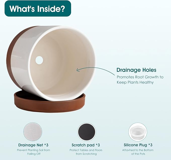 vancasso Ceramic Pots for Plants, Plant Pots for Indoor Plants, 6.25+8.25+10.25 Inch Ceramic Planters, Flower Pots with Drainage Holes, Planters Pot for Indoor House Plant, Set of 3, Khaki