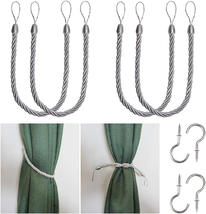 BEL AVENIR Curtain Rope Tiebacks, Drapery Rope Holdbacks with 4 Metal Screw Hooks, 2 Pair - Silver
