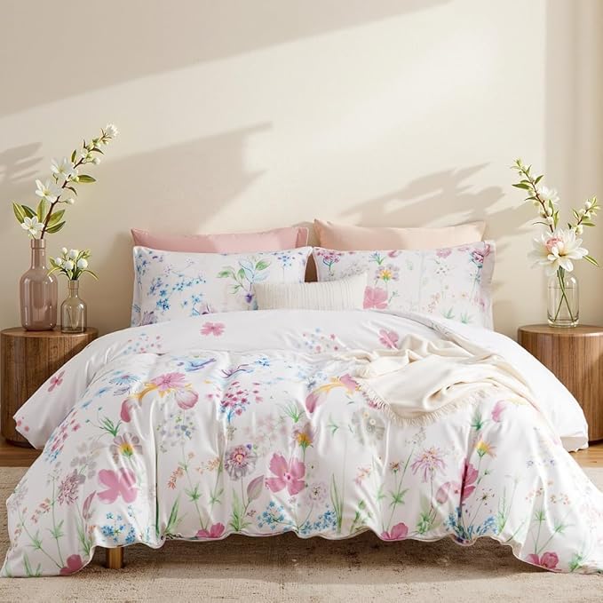 Floral Comforter Set Twin Size - 2 Pieces Lilac White Floral Comforter Bedding Sets Reversible Pattern,Twin Bed in a Bag with Flowers Comforter and 1 Pillowcase