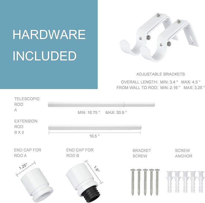 Curtain Rods for Windows 16 to 48 or 60 Inches Max Adjustable Length 1 Inch Diameter Window Curtain Rod with Aluminium End Cap, White