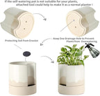 Nihow Self Watering Plant Pot: 8 Inch Ceramic Planter with Drainage Hole & Water Storage Plus for Indoor & Outdoor Plants - Cylinder Round Flower Pot for Succulent/Herbs/Violets - White & Wave Nature