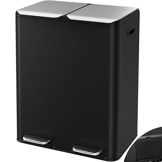 Arlopu 16Gal Dual Trash Can w/2 Built-in Box for Odor Control, Hands-Free Kitchen Garbage Bin, Recycle Waste Dustbin, Soft-Close Lid, 2 Buckets,Foot Pedal, Side Handle, Airtight,for Home Office