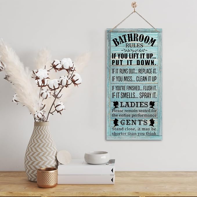 Rustic Western Bathroom Decor - Funny Wall Signs, Farmhouse Country Rules Wall Decor C1