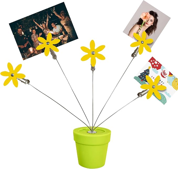 Cute Flower Table Card Memo Holder Stand,1 Pcs Photo Clips Holder Desk Stand for Memo Paper Note Monmory Photo Christmas Wedding Display with Flowerpot Shaped Plastic Base (Yellow)