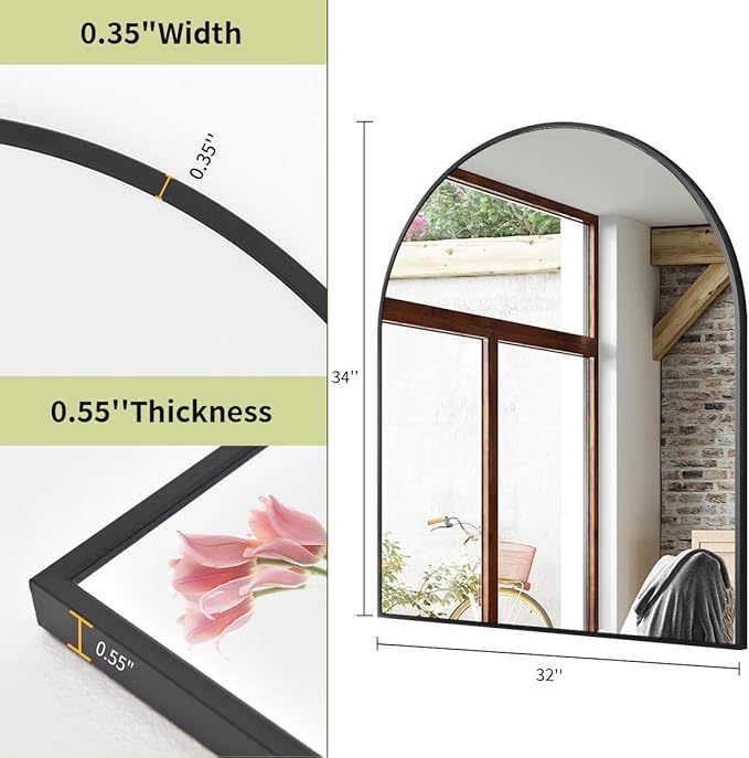 BEAUTYPEAK 32"x34" Arch Bathroom Mirror, Wall Mounted Vanity Metal Frame Mirror for Bedroom, Entryway, Living Room, Black