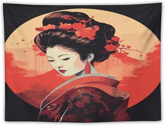 Japanese Woman Geisha Tapestry Asian Cherry Blossom Red Sun Traditional Kimono Folk Tapestries Home Decor for Living Room Bedroom Apartment Farmhouse Dorm 90"x60"