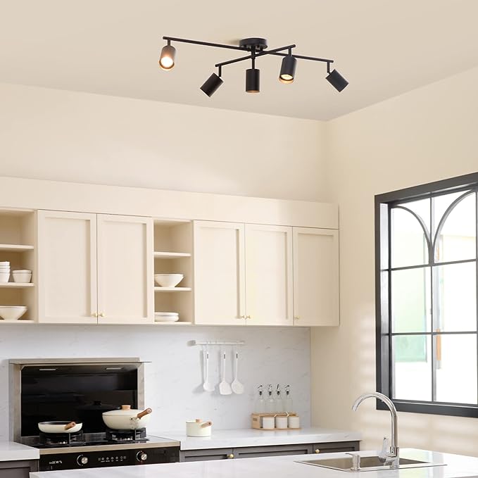 Globe Electric 64000052 5-Light Track Lighting, Center Swivel Bar, Matte Black, Ceiling Light, Track Light Heads, Pivot Shades, Track Ceiling Light, Track Lighting Kit, 5 Bulb Kitchen Light
