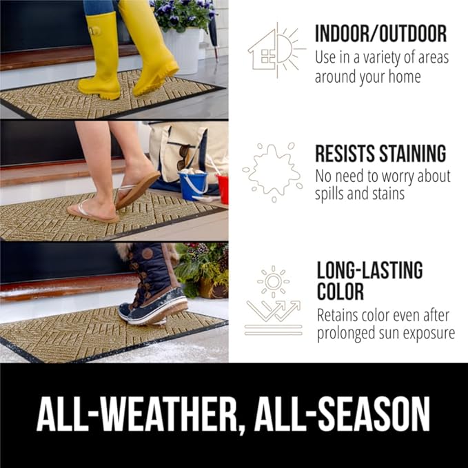 GORILLA GRIP 100% Waterproof All-Season WeatherMax Doormat US Designed Natural Rubber, Stain and Fade Resistant, Low Profile Indoor Outdoor Door Mats, Easy Clean Patio Mat, 17x29, Beige Diamond