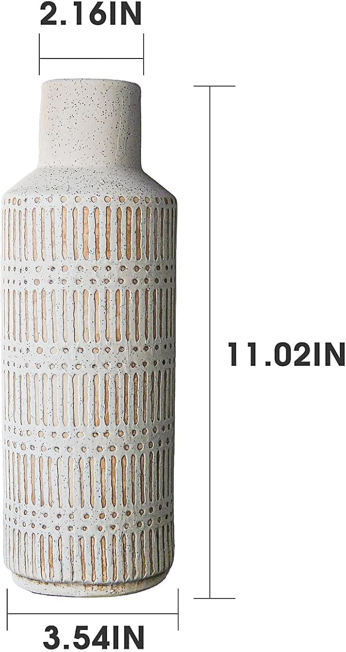 Rustic Ceramic Vase for Living Room Bedroom 11.02'' Antique White Flower Vase for Bouquet Fake Plant Home Decor Office Table Shelf Fireplace Centerpieces Retro Vintage Classic Modern