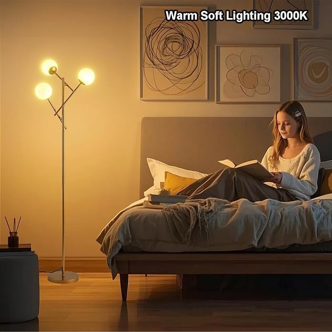 Fiqevs Globe Floor Lamp with 3 Adjustable Orb Lampshade, Gold Mid Modern Frosted Glass Standing Lamp Bulbs Included, Sputnik Tree Tall Pole Lamp for Living Room, Bedroom - Antique Brass