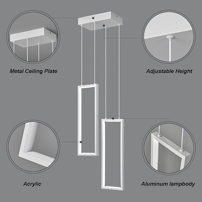 Modern Kitchen Pendant Light Fixture White 18W LED Pendant Light 2 Rings Rectangle Chandelier Pendant Lighting for Kitchen Island Living Room Dining Room Bedroom