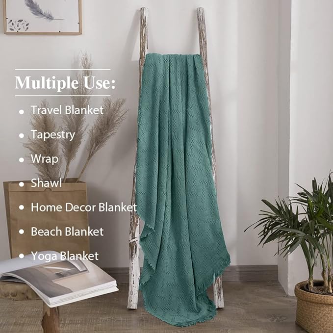 Simple&Opulence 100% Cotton Throw Blanket for Bed, Couch, Boho Luxury Geometric Knit Woven Blanket with Tassels Soft Lightweight Cozy Breathable, Vintage Farmhouse Decoration for All-Season(Green)