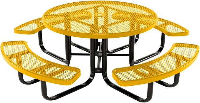 Coated Outdoor Furniture Heavy-Duty Portable Outdoor Kids Table with Umbrella Hole, Expanded Metal Kids Picnic Table, Commercial-Grade, Made in America (46 In, Round, Childrens, Yellow)