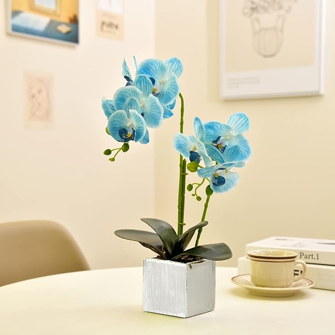 Artificial Potted Orchid Faux Phalaenopsis Silk Flowers Bonsai Realistic Arrangement in Silver Vase for Home Decoration Table Centerpiece, Blue