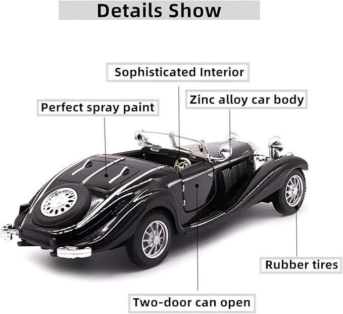 1:28 Scale Pullback Diecast Metal Antique Classic Model Cars Collectible Toy Gifts (Black,Length 6.5in/16.8cm)