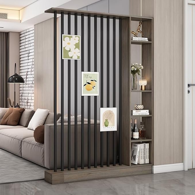 Wall Room Divider, Storage Cabinet Storage Display with Shelves, Modern Freestanding Wood Room Divider Screen, Wall Privacy Screens for Home Decorative (Grey Oak+Black,55" L x 9.5" W x 79.5" H)
