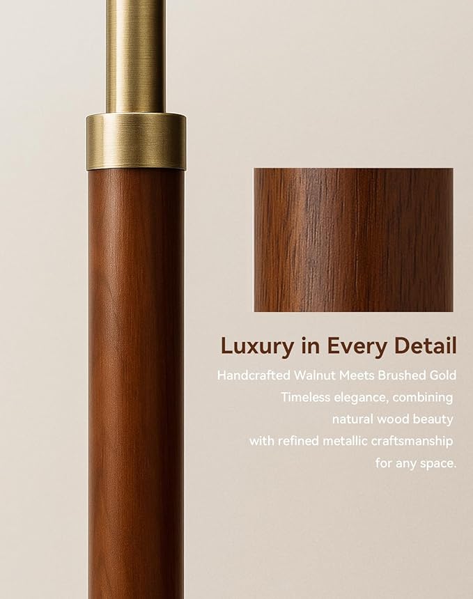 JOOFO Mid-Century Modern Wood Floor Lamp with Dual Fabric Shade, Remote Control, Dimmable & Adjustable Color Temperature, Reading & Living Room Lamp, Easy Clean Cover, Foot Switch