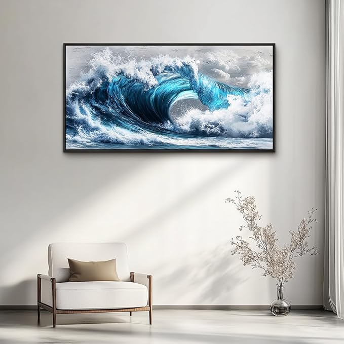 PHAOHUAXM Large Canvas Wall Art For Living Room Wall Decor For Bedroom Ocean Inspiration Wall Pictures Office Mural Decorations Posters Blue Wave Paintings Modern Home Decor Black Framed 24x48 In