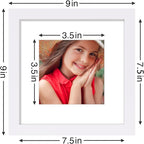 Vittanly 8x8 Picture Frames Set of 9, Shatter Resistant Plexiglass, Display 4x4 Pictures with Mat or 8x8 without Mat, Photo Frames for Wall Mount, Engineered Wood, White