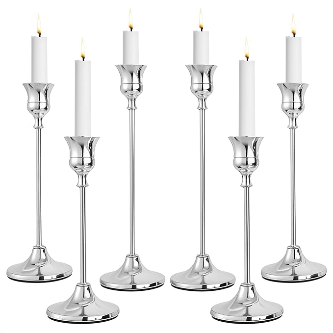 CHILL RECIPE Silver Taper Candle Stick Holders Tall Candle Holder, Vintage Candlesticks Holder Bulk for Home Decor Table Centerpiece Dining Party Festival Decorations (2 Set 6Pcs)
