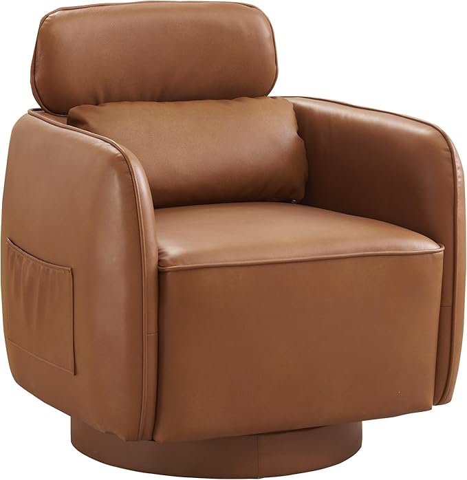Modern 360° Leather Swivel Accent Chair with Adjustable Headrest, Chenille Accent Chair for Living Room, Vanity Chair for Makeup, Swivel Barrel Chair with Lumbar Pillow, Comfy Barrel Armchair, Camel